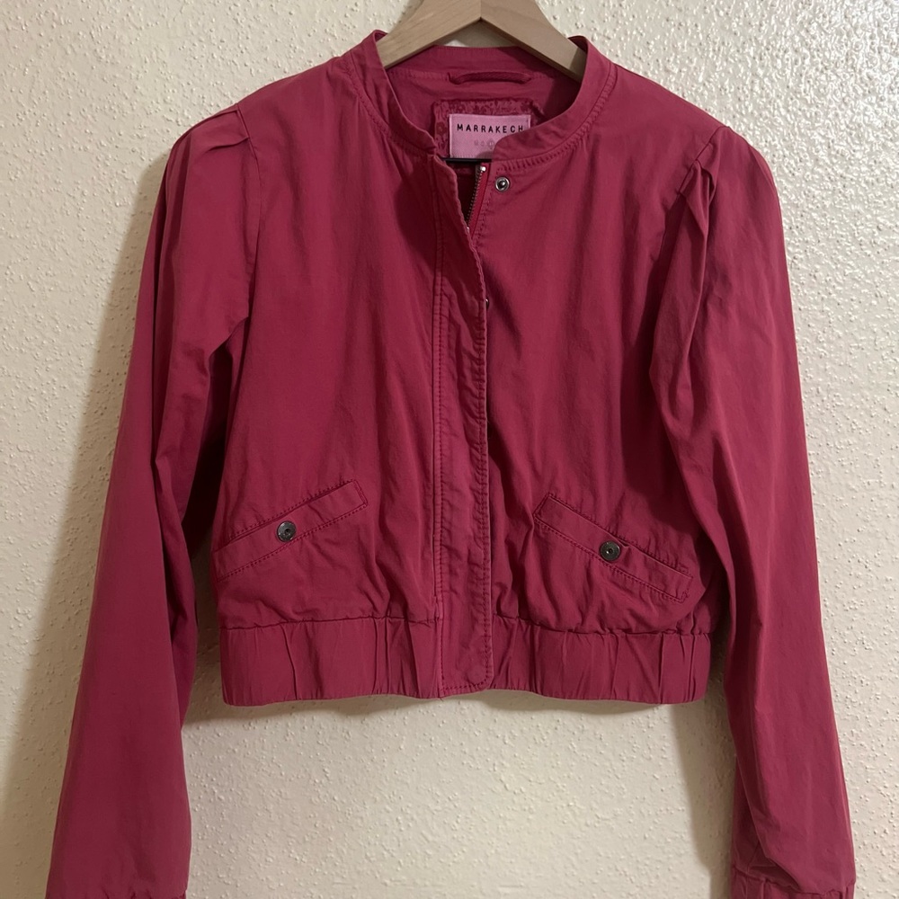 Red Bomber Jacket with Stand-Up Collar and Full-Length Sleeves